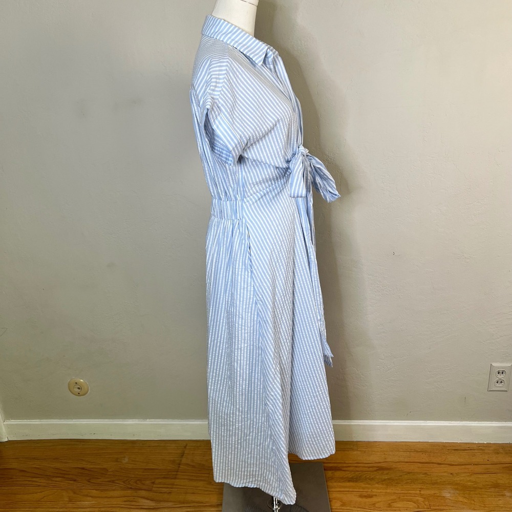 Lulus Blue White Striped Seersucker Tie Collared Midi Dress Size Small NWT - Picture 6 of 11